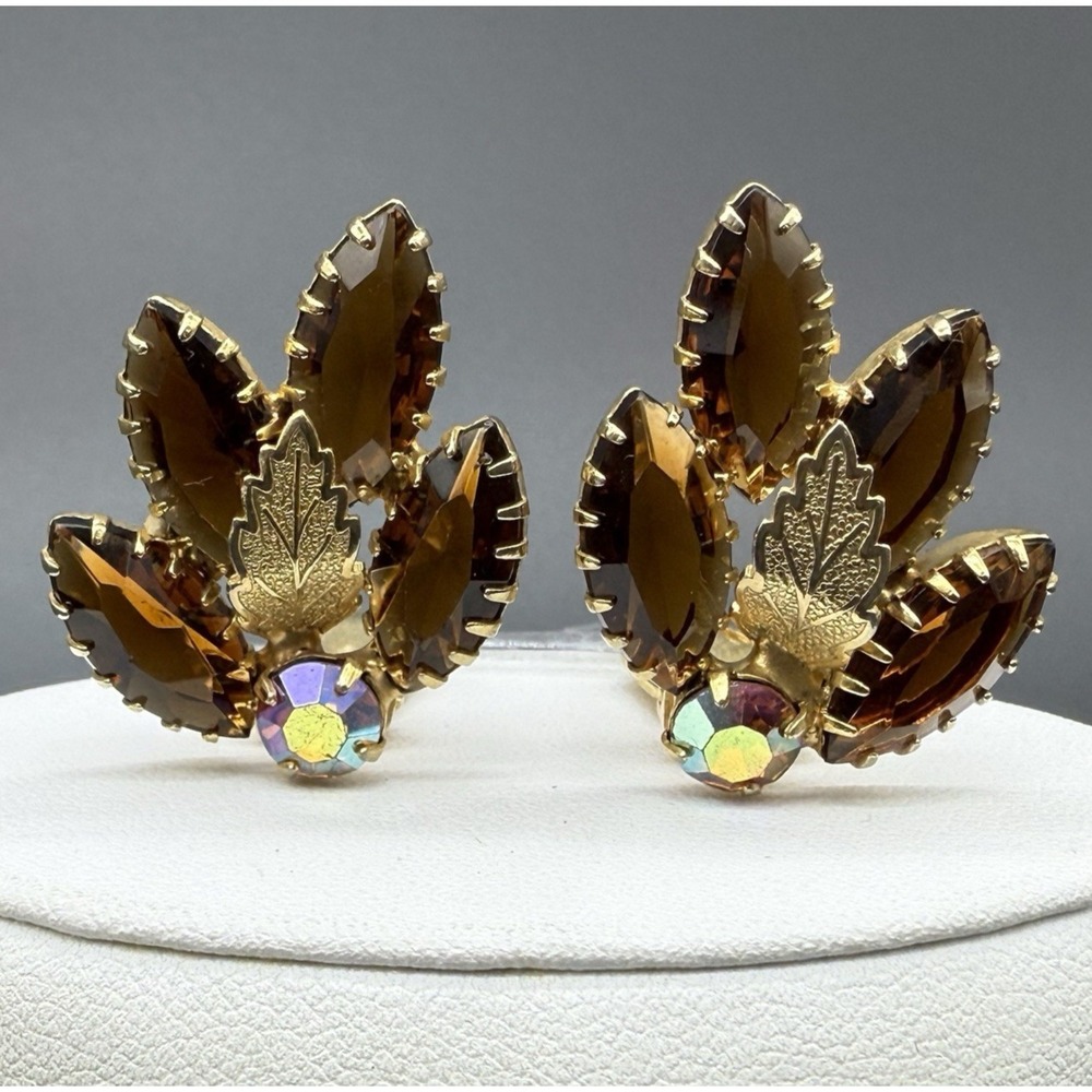 Vintage Marquise Root Beer & AB Crystal Clip On Earrings Gold Tone Autumn Leaf